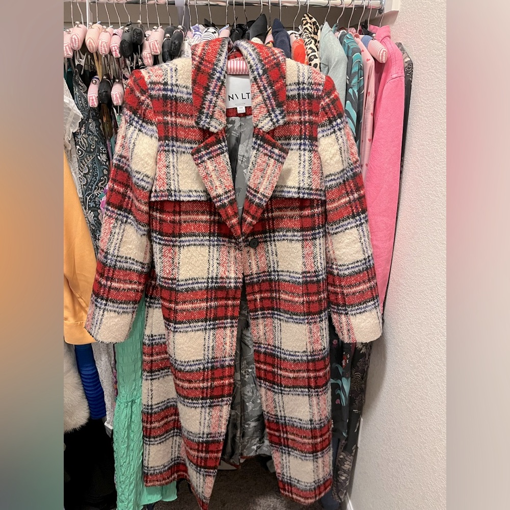 NVLT long red, cream, and blue plaid coat - Nordstrom